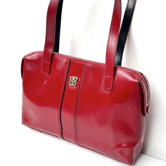 Vintage BOSCA Red Leather Shoulder Bag Made in Italy | Glossy Y2K Satchel Purse - Picture 1 of 16